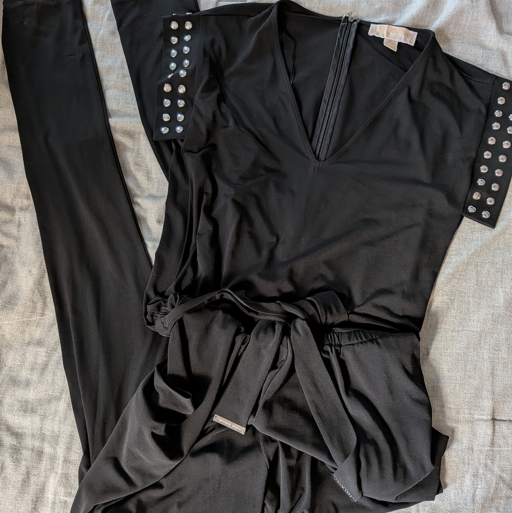 Michael Kors Elegant Black Belted Jumpsuit‎ with Studded Sleeves